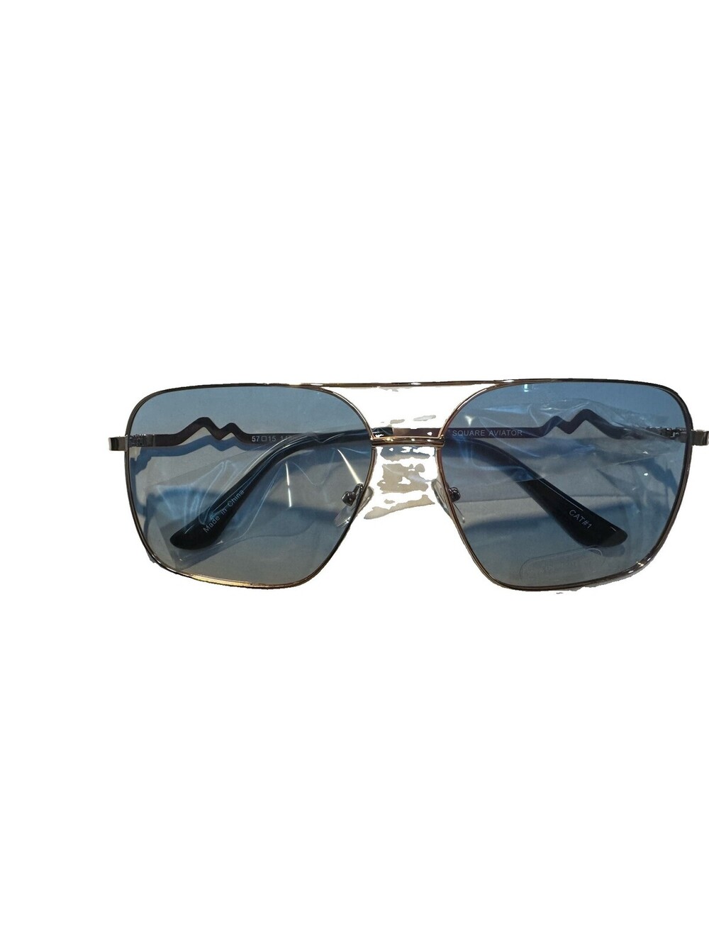(A2) Square Aviator Sunglasses Blue Lens Metal Frame UV400 148mm w/ Hard Case N
